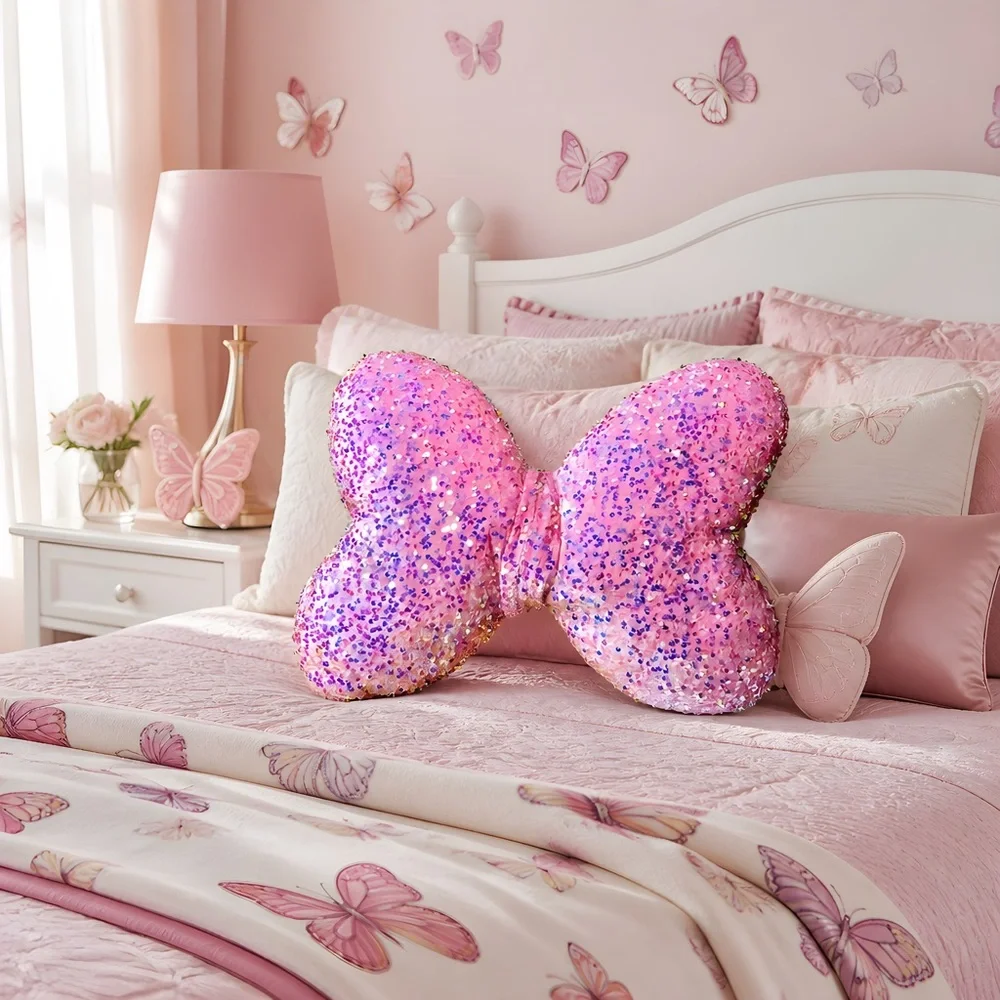 Cynthia Rowley Kids Pink Sequin Bow- Shaped Throw Pillow 20”